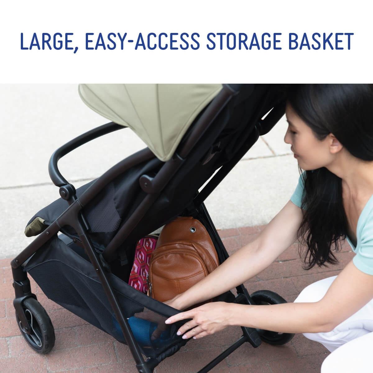 Lightweight stroller with large storage clearance basket