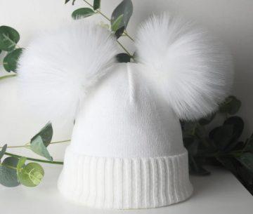 Ex Fleece Lined White Double Pom Pom Hat