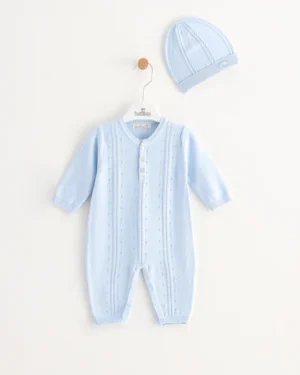 Pale Blue Baby Boy Romper Suit With Hat