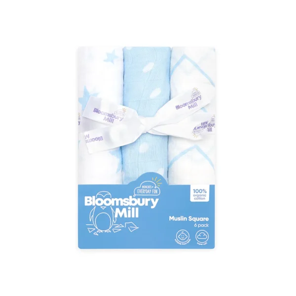 Blue & White Organic Muslin Squares - With Gifting Ribbon - Set Of 6