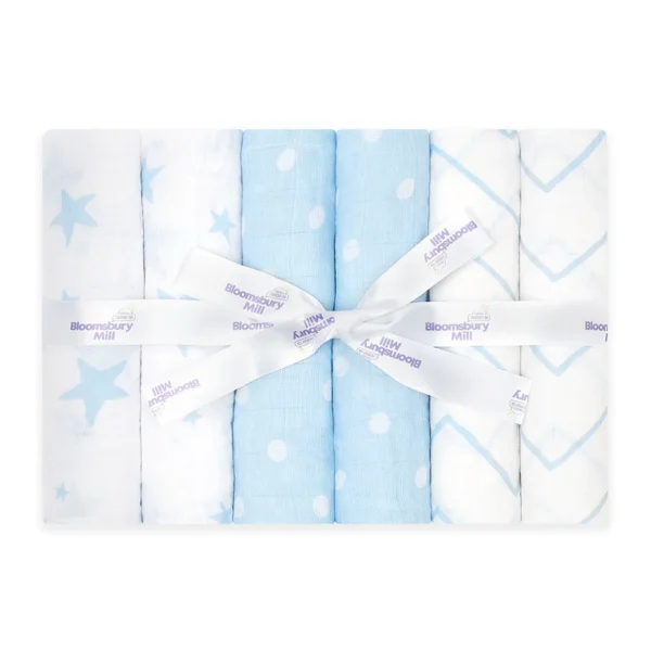 Blue & White Organic Muslin Squares - With Gifting Ribbon - Set Of 6