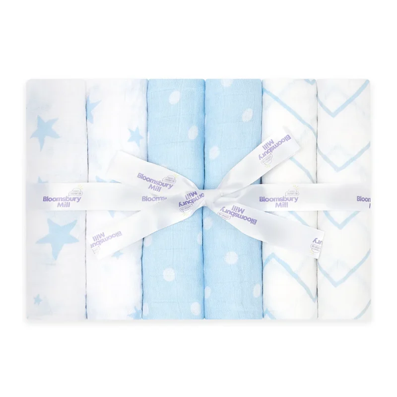 Blue & White Organic Muslin Squares - With Gifting Ribbon - Set Of 6