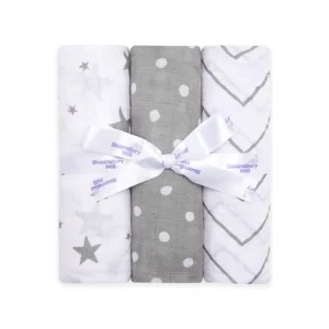Grey & White Organic Muslin Swaddles-with Gifting Ribbon-set Of 3