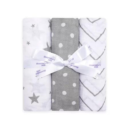 Grey & White Organic Muslin Swaddles-with Gifting Ribbon-set Of 3