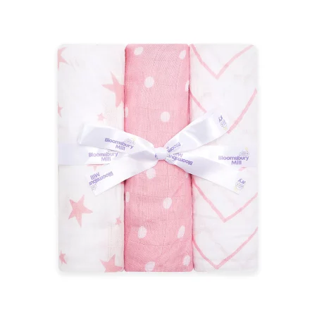 Pink & White Organic Muslin Swaddles -with Gifting Ribbon -set Of 3