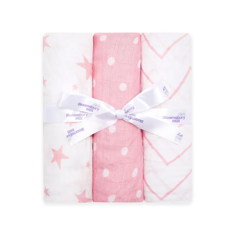 Pink & White Organic Muslin Swaddles -with Gifting Ribbon -set Of 3