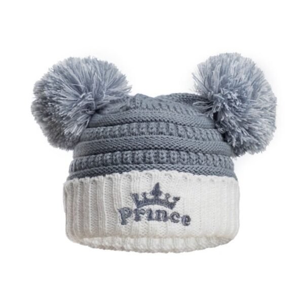 Dusty Blue Cable Knit Hat W/emb & Pom Poms (0-12m)