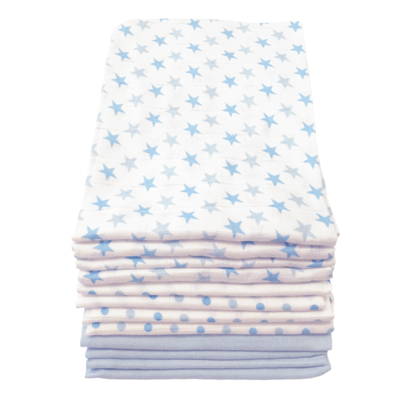 Muslinz 12 Pack Muslin Squares 70cm – Star Mix- Blue