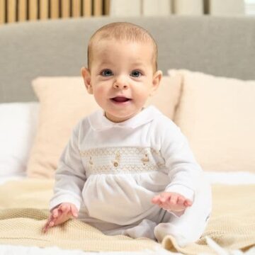 Spinning Top & Duck Smocked Sleepsuit - White & Taupe