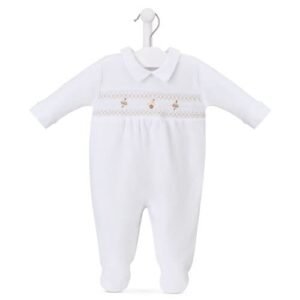 Spinning Top & Duck Smocked Sleepsuit - White & Taupe