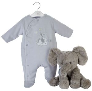 Elephant & Bird With Balloon" Cotton Sleepsuit- Grey