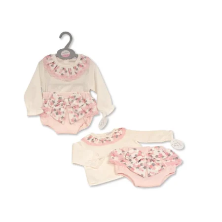 Baby Girls Short Romper Set With Bow And Lace