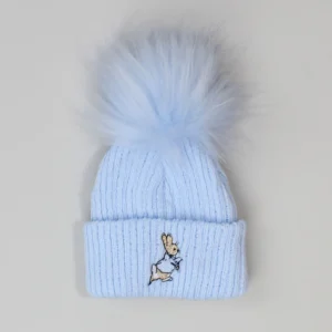 Baby Boys Pom Hat With Rabbit- Blue- New Born