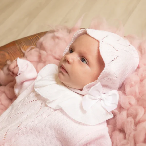 Pink Knitted Frill Collar Onesie & Hat