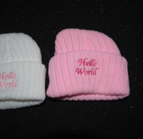 Hello World Winter Beanie Hat- White/pink Writing (copy)