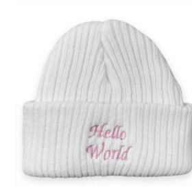 Hello World Winter Beanie Hat- White/pink Writing