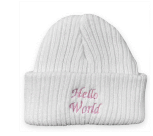 Hello World Winter Beanie Hat- White/pink Writing