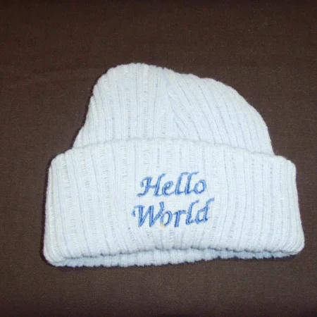 Hello World Winter Beanie Hat- White/blue Writing (copy)