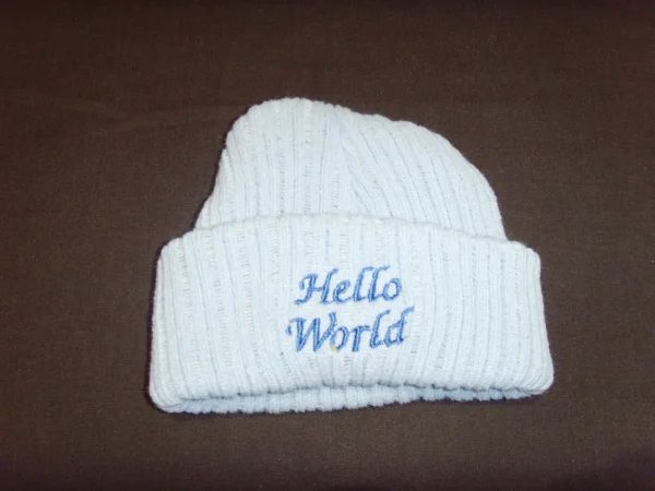 Hello World Winter Beanie Hat- White/blue Writing (copy)