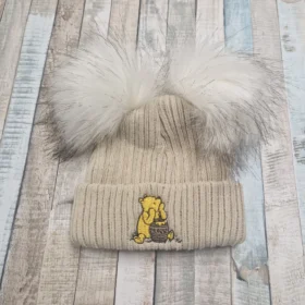 Bear Taupe Ribbed Fur Pom Double Hat- New Born