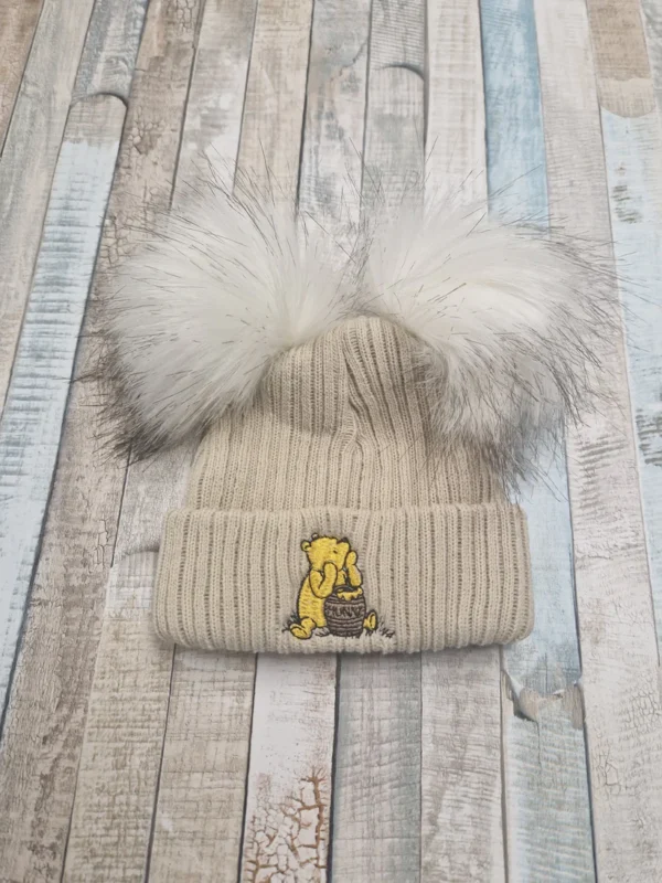 Bear Taupe Ribbed Fur Pom Double Hat- New Born