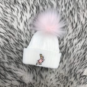 Rabbit Pom Hat White/pink- Newborn