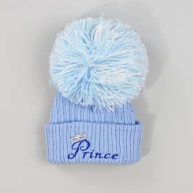 Baby Boys Prince Blue Pom Pom Bobble Hat