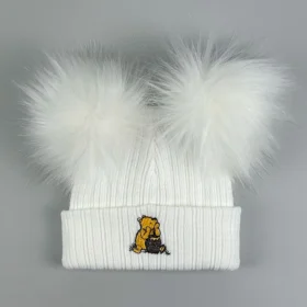 Bear White Ribbed Fur Pom Double Hat- New Born