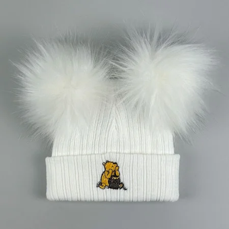 Bear White Ribbed Fur Pom Double Hat- New Born