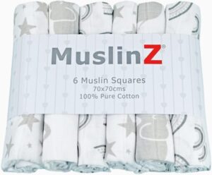 Muslinz 6pk Muslin Squares 70cm – Grey Stars