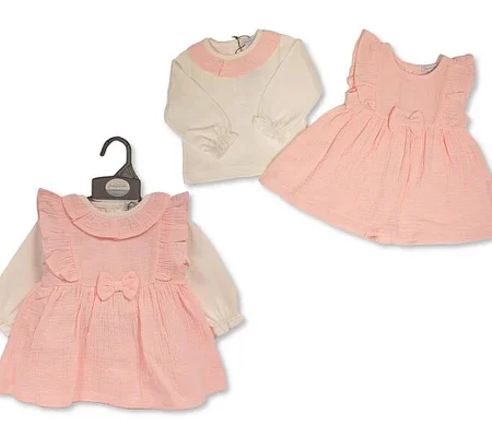 Baby Girls 2 Pcs Dress Set With Bow- Pink