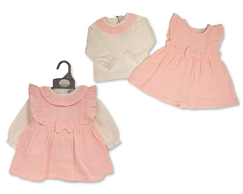 Baby Girls 2 Pcs Dress Set With Bow- Pink