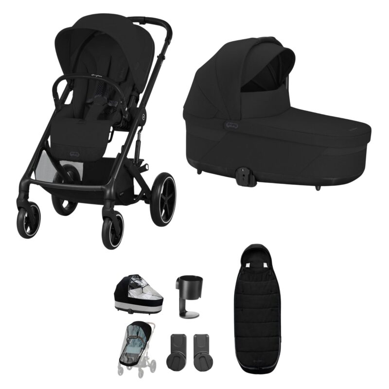 Cybex Balios S Lux Stroller/travel Set - Moon Black - Essential Bundle (+ Cupholder + Adapters), Gold Footmuff