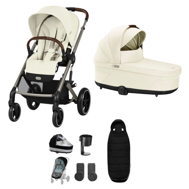 Cybex Balios S Lux Stroller/travel Set - Seashell Beige - Essential Bundle (+ Cupholder + Adapters), Gold Footmuff