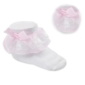 White Lace Socks W/flower Trim & Bow