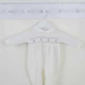 Pex Teddy Smocked Sleepsuit - Ivory