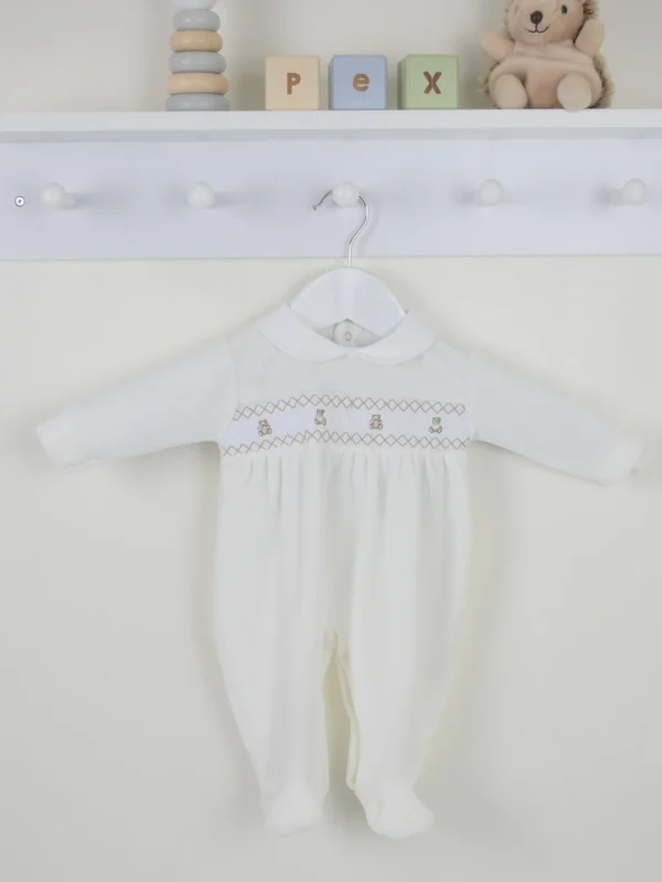 Pex Teddy Smocked Sleepsuit - Ivory
