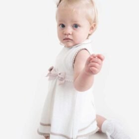 Girls White & Taupe Satin Bow Knitted Dress & Pants