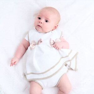 Girls White & Taupe Satin Bow Knitted Dress & Pants