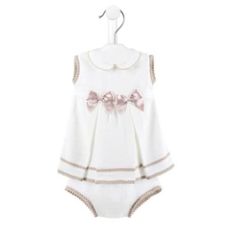 Girls White & Taupe Satin Bow Knitted Dress & Pants