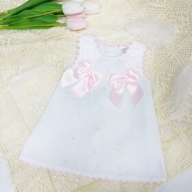 Wee Me White Waffle Cotton Dress With Pink Bow