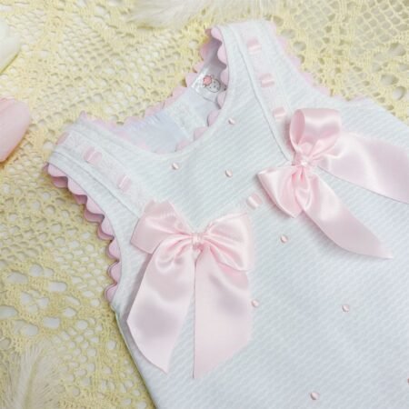 Wee Me White Waffle Cotton Dress With Pink Bow