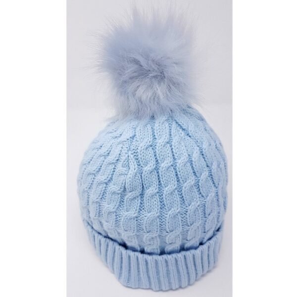 Baby Cable Knit Fur Pom Hat- Sky