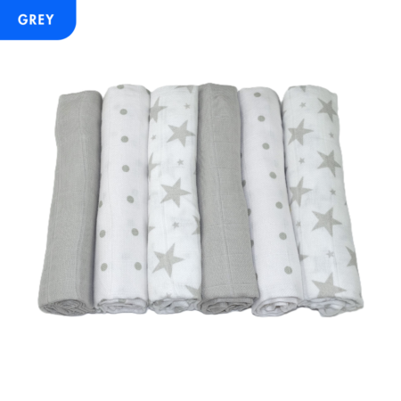 Muslinz 6 Pack Muslin Squares Stars/spots – 70x70cm- Silver/grey