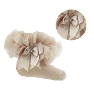 Beige Plain Socks W/organza Lace & Bow