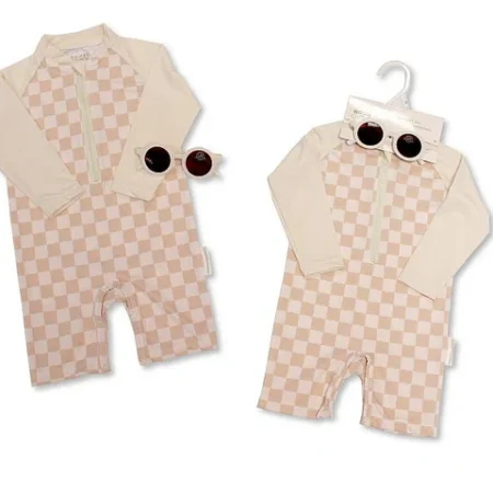 Baby Boys Zip Up Swimsuit With Sunglasses - Sand