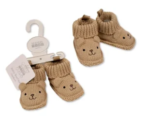 Knitted Baby Booties With Teddy Face Embroidery And Ears - Taupe