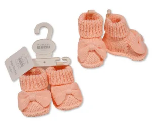 Knitted Baby Booties With Bow- Pink