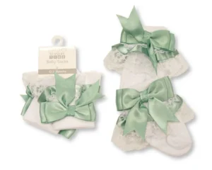 Baby Lace Socks With Bow - Sage Green