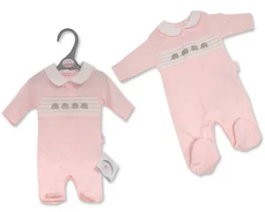 Premature Sleepsuit With Smocking And Bow- Elephant